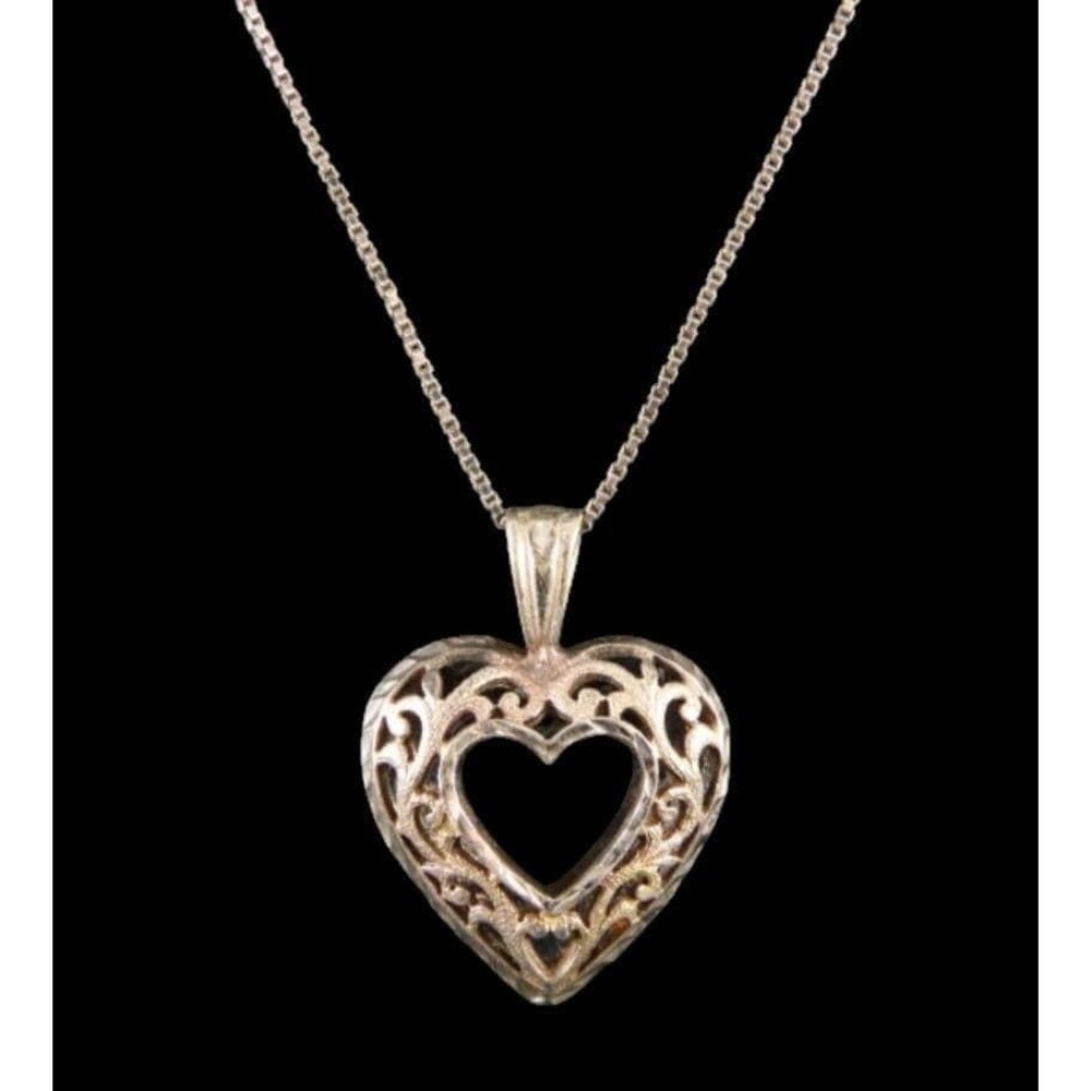 Vintage STERLING SILVER 19" Chain Necklace Diamond Cut Open Puffy HEART Pendant